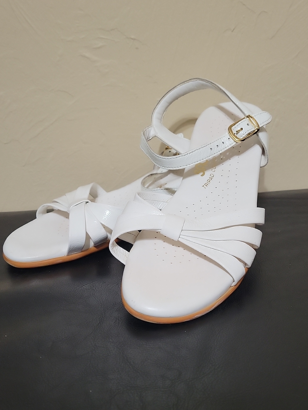 SAS Strippy Quarter Strap Wedge White Patent Leather Sandals